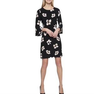 Elegant Tommy Hilfiger Black Floral Dress with Bell Sleeves Tan floral detail